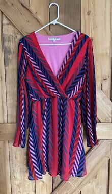 Allison & Kelly Colorful Pleated Chevron Dress, Red, Blue, Long Sleeve, Sz. L
